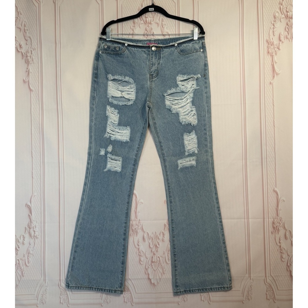 EDIKTED Blue Low Rise Flare Jeans Distressed Size L 32x31 Y2K